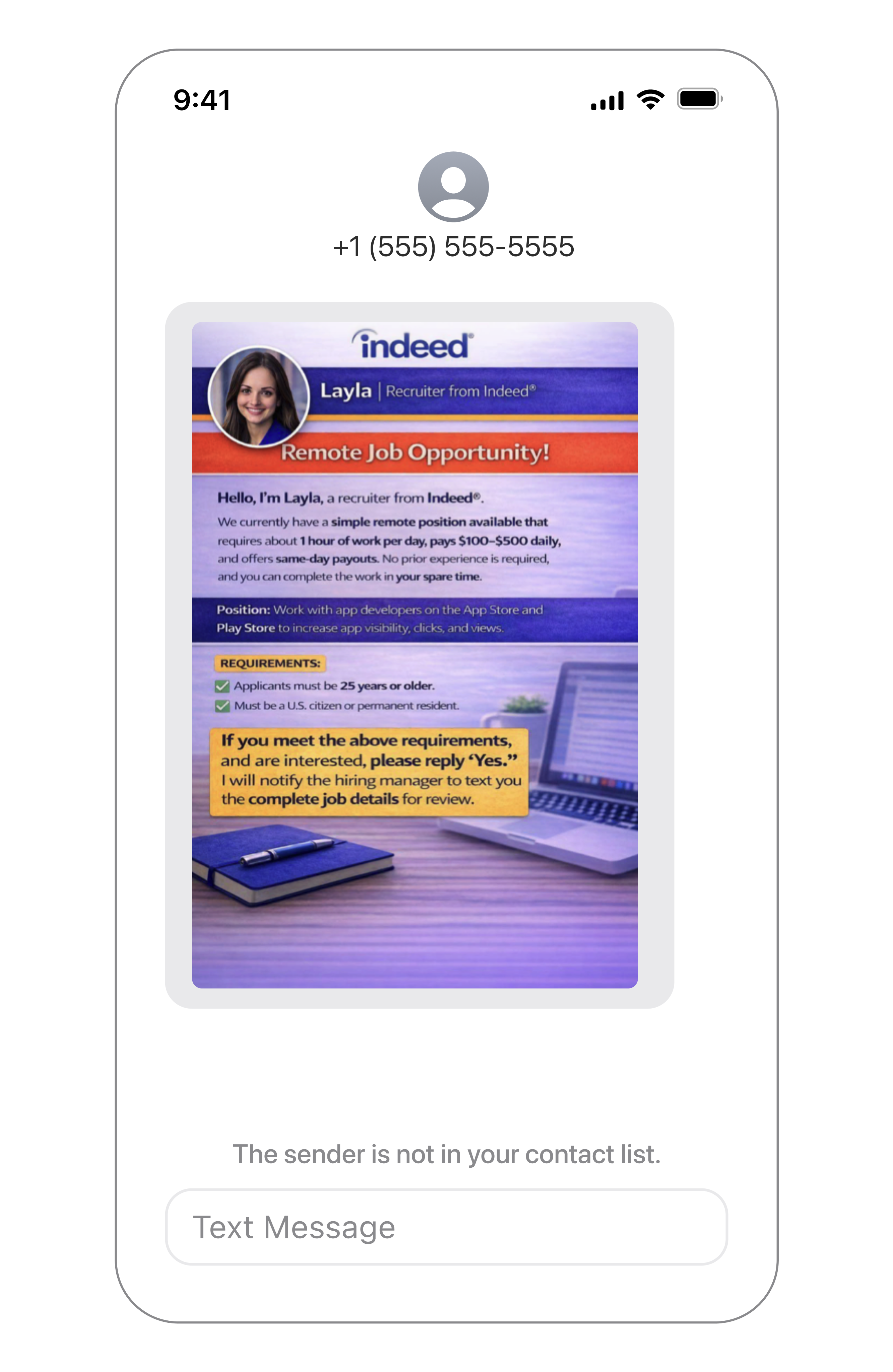 First scam message example